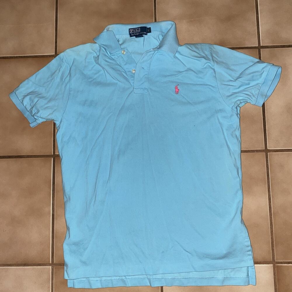 Ralph Lauren Polo Shirt Mens Large Light Blue Classic Fit Pink Pony Cotton Logo